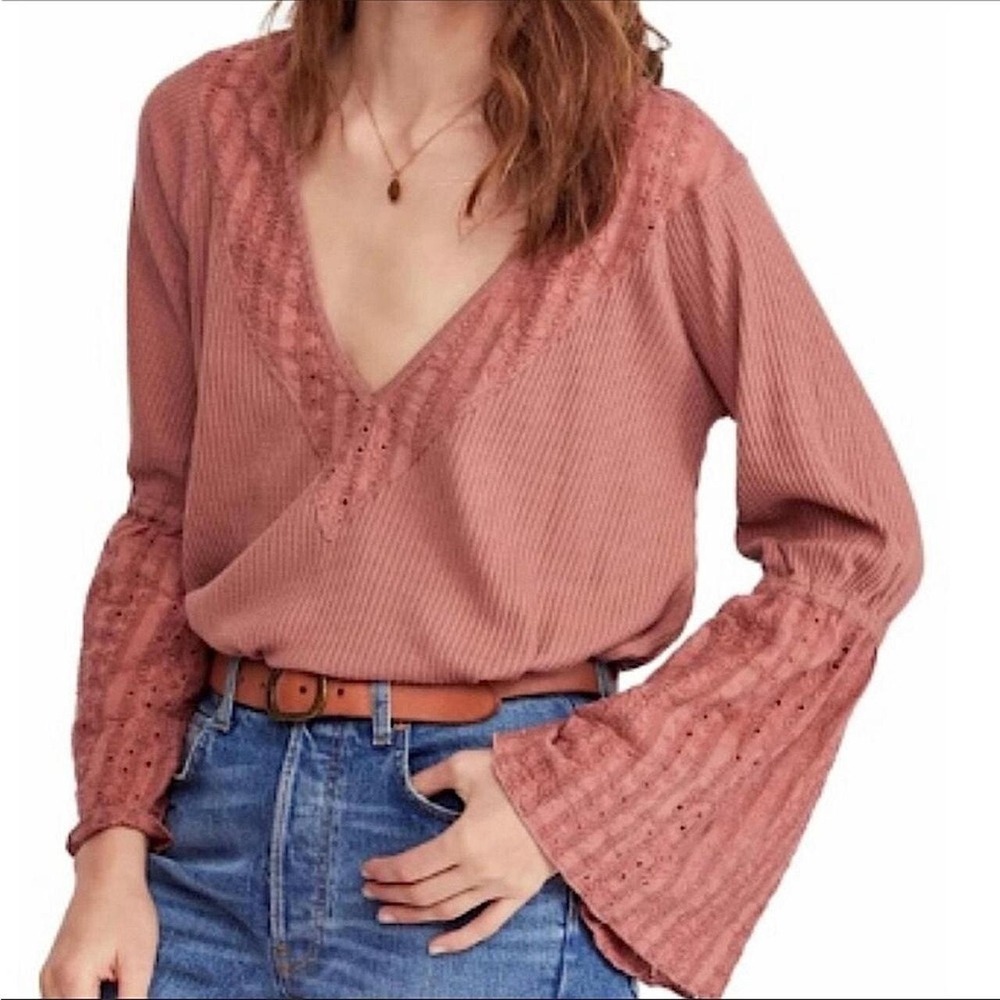 Free People Top S Rose Waffle Knit Eyelet Lace Bell Sleeve Boho V-Neck Blouse
